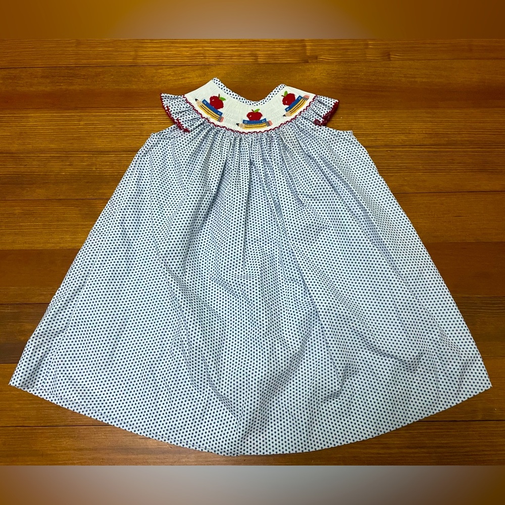 Southern Smocked Company Polka Dot Dress Smocked School Theme Collar Size 3T
